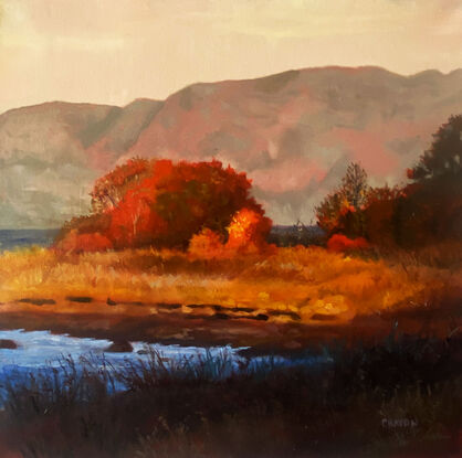 Warm Evening - 2024 - Oil on Canvas –20 H x 20 W x 1.5 Inches and ready to hang

of a sunset over an autumn landscape. The rich, warm hues of orange, red, and gold blend seamlessly with the soft, muted tones of the distant mountains, creating a harmonious balance between light and shadow. The gentle reflection of the twilight sky in the still waters adds a touch of tranquility, inviting the viewer to pause and savor the moment. This captivating piece is a perfect addition to any space, bringing a sense of peace and warmth to your home.