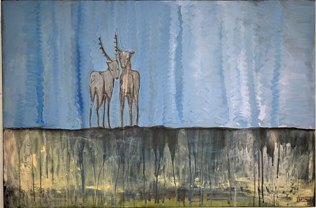 shimmery landscape with 2 deer figures looking back at the viewer from a distance.