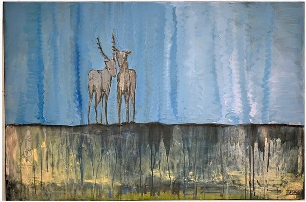 shimmery landscape with 2 deer figures looking back at the viewer from a distance.