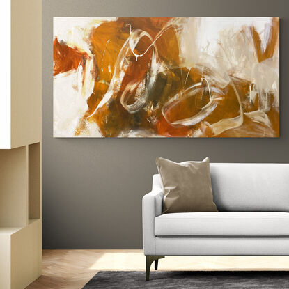 bold marks in grey and green with warm earthy beige, ochre across the canvas suggestive of landscape of valleys and open spaces made from large expressive painterly marks