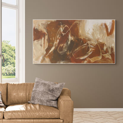 bold marks in grey and green with warm earthy beige, ochre across the canvas suggestive of landscape of valleys and open spaces made from large expressive painterly marks