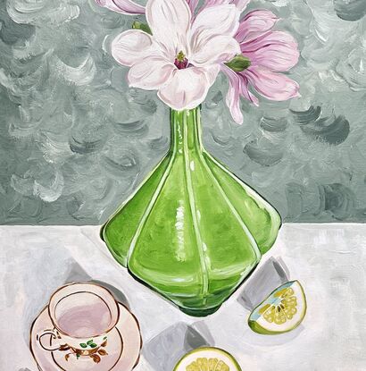 Various domestic objects scattered around within the composition. Magnolia flowers in a green glass vase with cut grapefruit scattered in the foreground.  A teapot on some books and tea cup waiting for tea to be poured.  