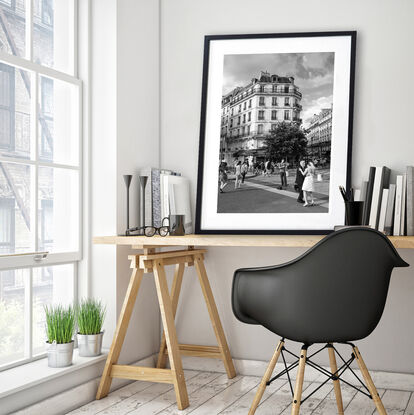 Black and white photograph of wedding couple dancing in street, Paris, France