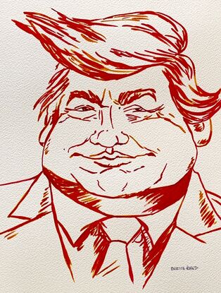 "Caricature in Orange" by Christine Beard is a bold and humorous watercolor piece that takes a playful approach to political satire. With its striking use of red and orange tones, this artwork captures the exaggerated features of a well-known political figure, offering a light-hearted yet impactful commentary on modern politics. The minimalist lines and vibrant colors make this caricature a standout piece, perfect for those who appreciate art with a touch of wit and cultural relevance.





