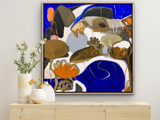 Large blue, orange, white and brown shapes merging together to create a bright seascape