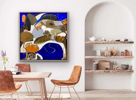 Large blue, orange, white and brown shapes merging together to create a bright seascape