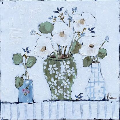 Still Life White Pansies and Blue Belles