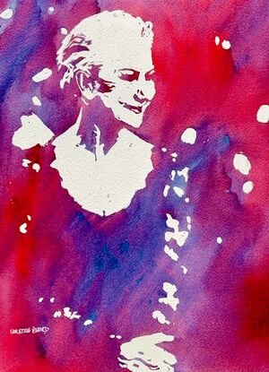 A portrait of Helen Mirren. "Grace in Vibrance" by Christine Beard is a stunning watercolor piece that captures the essence of elegance through minimalistic expression and vibrant colors. The portrait, rendered in a striking duotone palette of red and purple, highlights the graceful silhouette of a figure, embodying both strength and serenity. This artwork is a celebration of simplicity and boldness, making it a perfect addition to any modern art collection that values emotional depth and artistic finesse.





