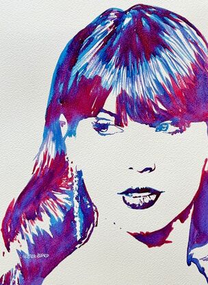 "Mystique in Duochrome" by Christine Beard is a captivating watercolor portrait of Taylor Swift that exudes an air of mystery and allure. The duotone color palette of vibrant blues and purples brings a contemporary pop art flair to the artwork, highlighting the subject's enigmatic expression and striking features. This piece beautifully blends abstract elements with a recognizable face, making it a bold statement for any modern art collection. A perfect homage to the power of subtlety and intrigue in portraiture.





