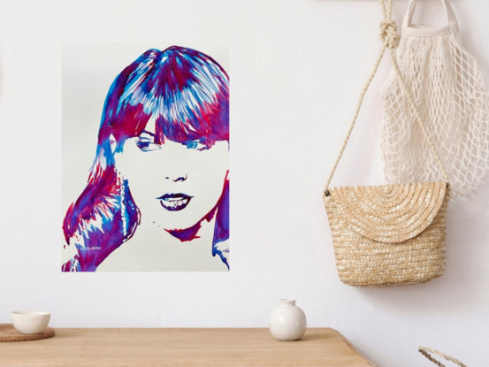 "Mystique in Duochrome" by Christine Beard is a captivating watercolor portrait of Taylor Swift that exudes an air of mystery and allure. The duotone color palette of vibrant blues and purples brings a contemporary pop art flair to the artwork, highlighting the subject's enigmatic expression and striking features. This piece beautifully blends abstract elements with a recognizable face, making it a bold statement for any modern art collection. A perfect homage to the power of subtlety and intrigue in portraiture.





