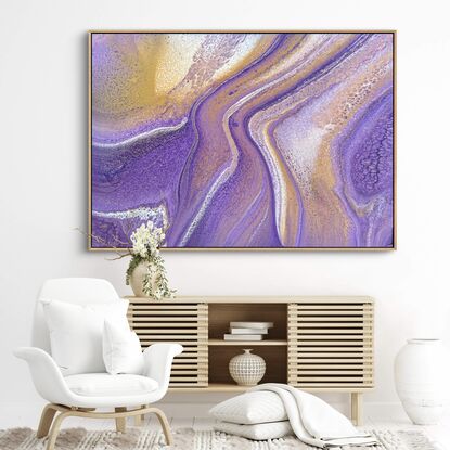 Purple and gold fluid acrylic painting with a varnish finish