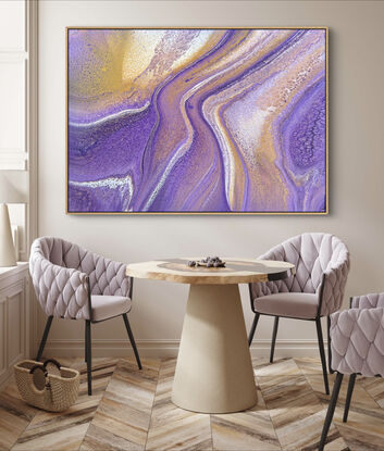 Purple and gold fluid acrylic painting with a varnish finish