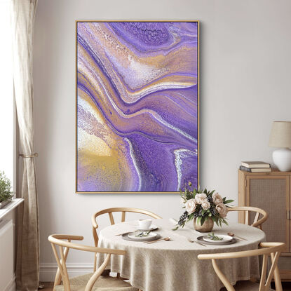 Purple and gold fluid acrylic painting with a varnish finish