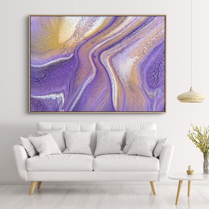 Purple and gold fluid acrylic painting with a varnish finish