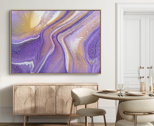 Purple and gold fluid acrylic painting with a varnish finish