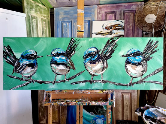 4 little male fairy wrens abstract texture
