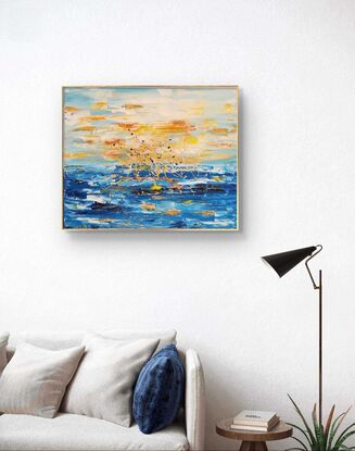 In "Amber Horizon Embrace," the canvas comes alive with the vibrant intensity of a sunset at sea. The artwork features a mesmerizing fusion of warm amber and deep oceanic blues, capturing the serene beauty of twilight.

The sky is a breathtaking expanse of radiant amber, blending rich shades of orange and gold that evoke the final, glowing moments of the setting sun. This fiery horizon casts a warm, golden light that seems to embrace the entire canvas, creating a sense of depth and tranquility. The sky's luminous hues gently fade into the tranquil sea below, rendered in flowing, abstract brushstrokes of deep blues and greens.

The sea's surface is depicted with dynamic, fluid patterns that suggest movement and depth, contrasting beautifully with the static grandeur of the horizon. The interplay of these colors and textures forms a harmonious visual rhythm, capturing the ephemeral beauty of the sunset while allowing for personal interpretation.

"Amber Horizon Embrace" transforms the fleeting moment of twilight into a timeless work of art, inviting viewers to experience the calm and wonder of a sunset’s embrace through a contemporary lens.