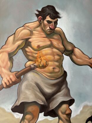 Muscular man holding a torch and pitchfork 