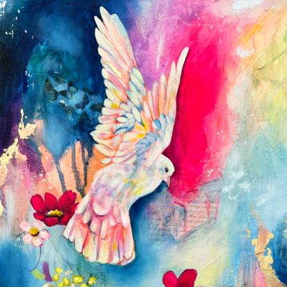 A beautiful white dove with colours shining it its wings flying at the top left of the page. A yellow and an orange butterfly on the right side of the page. Lots of fluro pink and blue and orange in the background. Abstract marks and paint strokes throughout the painting. Florals throughout the painting 