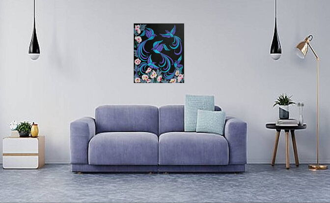 Stylised aqua and purple birds and pink flowers on a black background