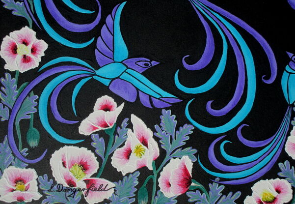 Stylised aqua and purple birds and pink flowers on a black background