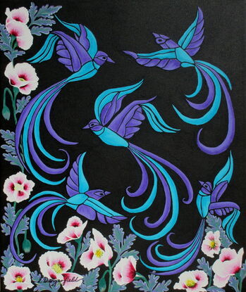 Stylised aqua and purple birds and pink flowers on a black background