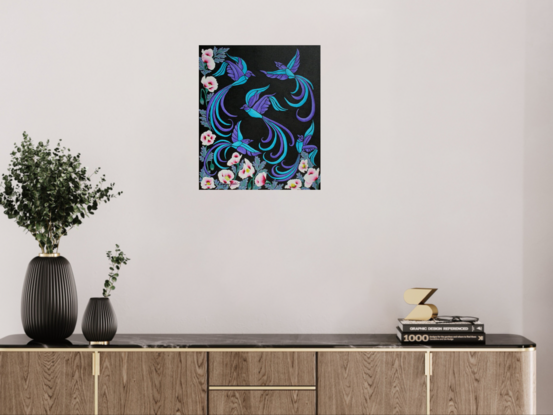 Stylised aqua and purple birds and pink flowers on a black background