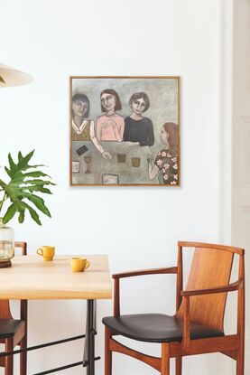 The painting depicts a group of women around a table. 