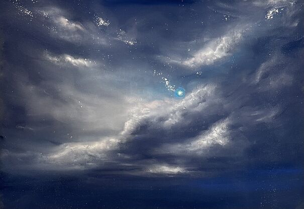 Dreamy night sky with clouds and a blue orb 