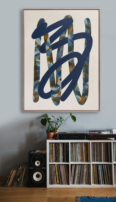 abstract organic squiggles in navy denim blue and mustard on ivory background