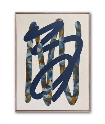 abstract organic squiggles in navy denim blue and mustard on ivory background