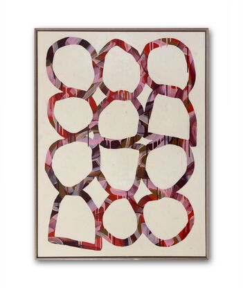 abstract organic rings and shapes in pinks reds and burgundy on ivory