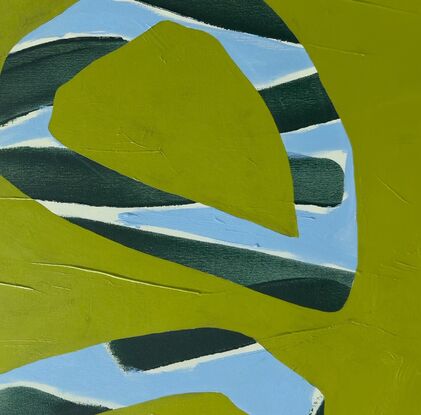 abstract organic geometric shapes in demin blue and teal on lime green background