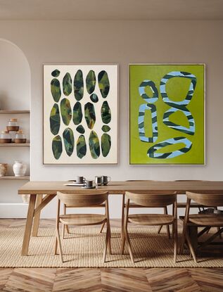 abstract organic geometric shapes in demin blue and teal on lime green background