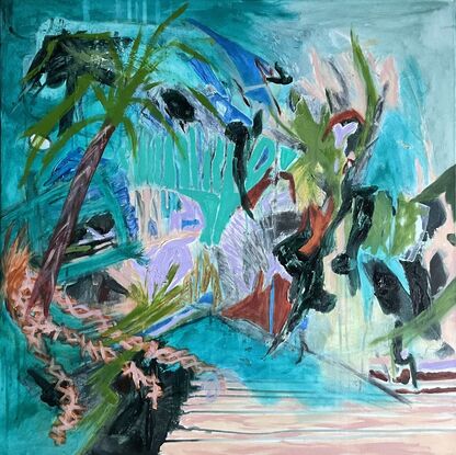 Tropical abstract landscape painting of vegetation and water