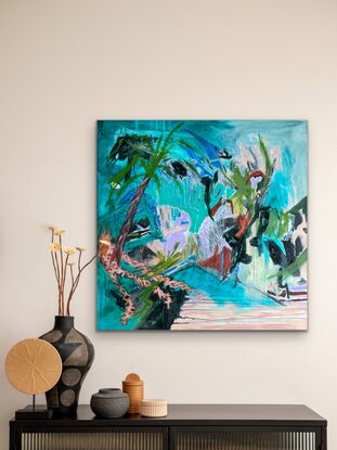 Tropical abstract landscape painting of vegetation and water