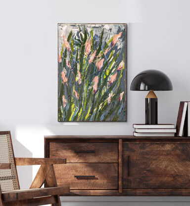 A large abstract painting of the Australian gardens in apricot and peach