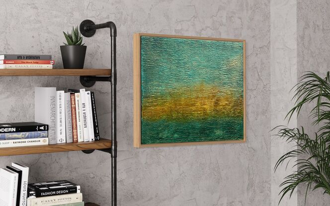 A textured abstract in landscape orientation that features ochre, gold and teal blue and represents a tropical sunset.