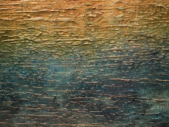 A textured abstract in landscape orientation that features ochre, gold and teal blue and represents a tropical sunset.