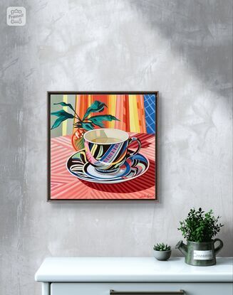 A still life painting of a vintage teacup with greenery,  greens, blues, yellows, white , pinks, oranges, reds  and greens