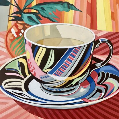 A still life painting of a vintage teacup with greenery,  greens, blues, yellows, white , pinks, oranges, reds  and greens