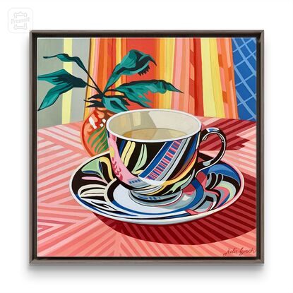 A still life painting of a vintage teacup with greenery,  greens, blues, yellows, white , pinks, oranges, reds  and greens