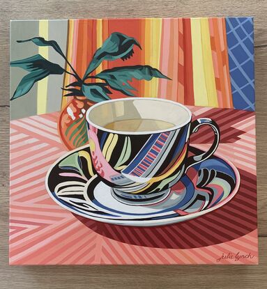 A still life painting of a vintage teacup with greenery,  greens, blues, yellows, white , pinks, oranges, reds  and greens