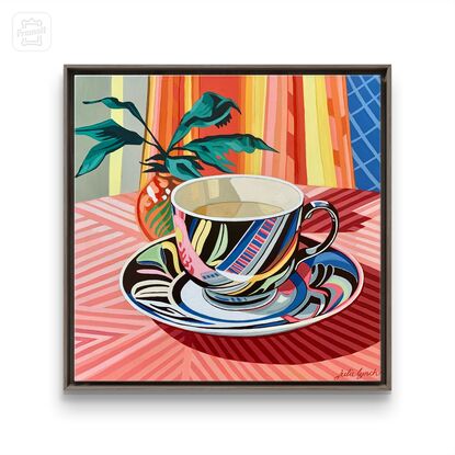 A still life painting of a vintage teacup with greenery,  greens, blues, yellows, white , pinks, oranges, reds  and greens