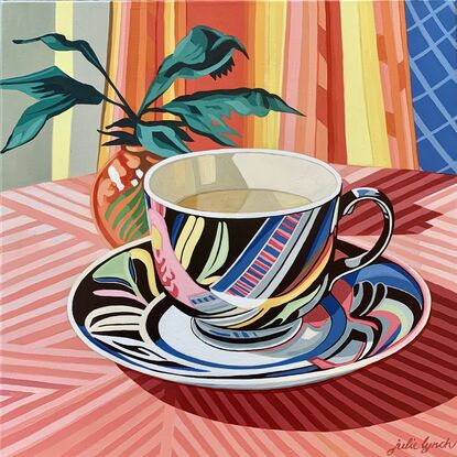 A still life painting of a vintage teacup with greenery,  greens, blues, yellows, white , pinks, oranges, reds  and greens