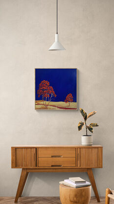 Square Australian landscape with dark blue sky with gold beige foreground, red  trees in foreground, Lucinda Leveille, original artwork, Australiana