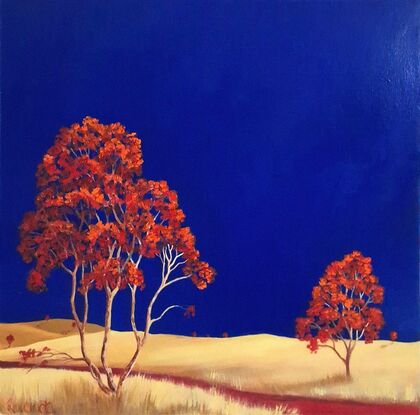 Square Australian landscape with dark blue sky with gold beige foreground, red  trees in foreground, Lucinda Leveille, original artwork, Australiana