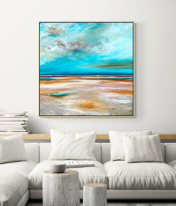 Colourful Textured abstract landscape with a vivid teal ocean in the distance  with wispy blue and ochre clouds above.