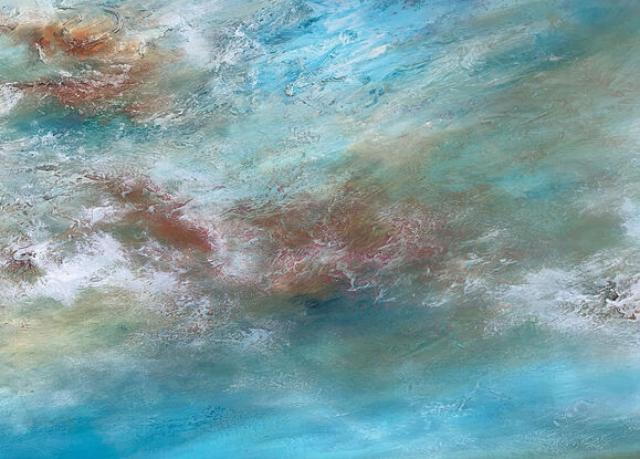 Colourful Textured abstract landscape with a vivid teal ocean in the distance  with wispy blue and ochre clouds above.