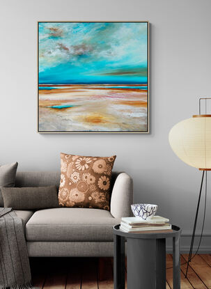 Colourful Textured abstract landscape with a vivid teal ocean in the distance  with wispy blue and ochre clouds above.